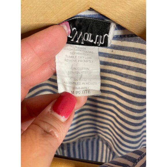 Vintage 90s BonWorth Blue White Vertical Stripe Flower Embroidered Top Sz MP - Picture 6 of 10